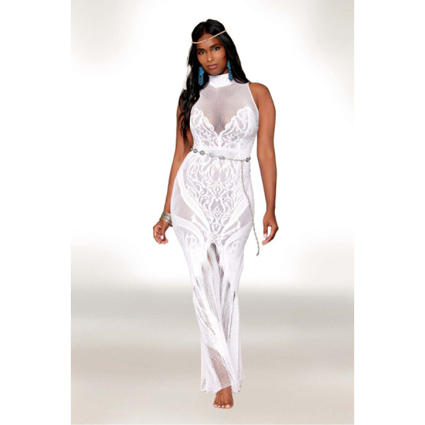 Robe bodystocking en résille et dentelle blanche 